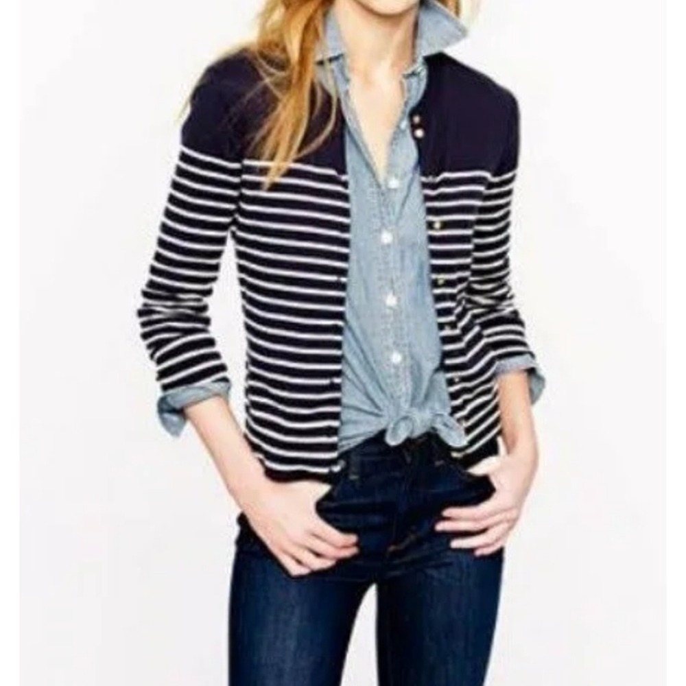 J.Crew Cardigan Sweater Size S Navy White Striped Gold Button Nautical Preppy